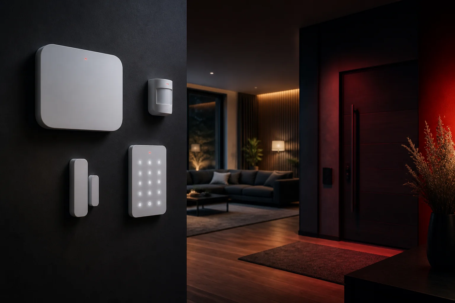 Modern ev girişinde alarm paneli, hareket sensörü ve kapı sensörü