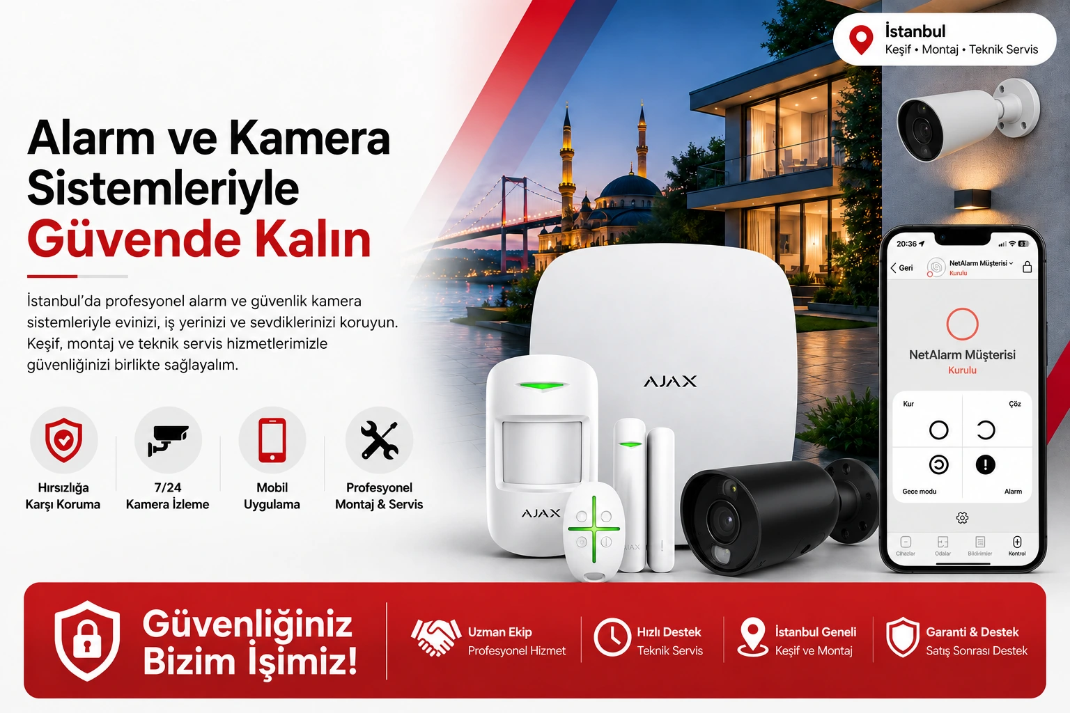 İstanbul silüeti önünde Ajax alarm cihazları, güvenlik kameraları ve NetAlarm mobil kontrol ekranı